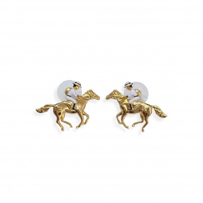 CHANEL 26P DOUBLE C GOLD PONY ENAMEL KNIGHT EARRINGS 